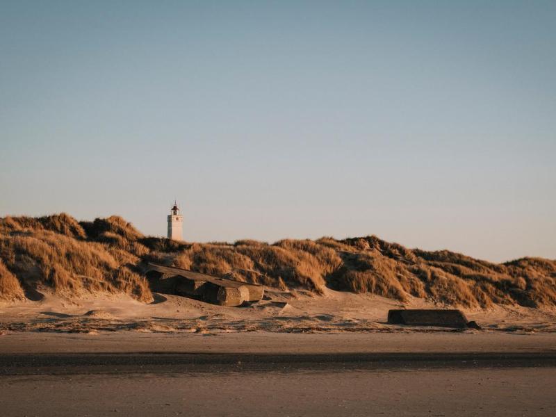 Billedet viser et klitlandskab set fra havet i et blødt aftenlys